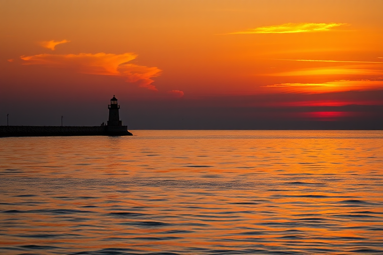 Regenerate a serene seascape at sunset featuring a lighthouse reflecting on calm waters, with vibrant orange and gold hues in the sky, using a DSLR camera with a 50mm lens, aperture f/8, shutter speed 1/125s, ISO 200, shot at eye level with a slight vignette effect for depth.