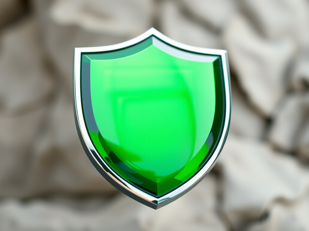 Create a detailed and glossy green shield emblem with a metallic silver border, shot from a 45-degree angle using a DSLR camera with a f/2.8 aperture, ISO 100, 1/200s shutter speed, in soft natural lighting, with a shallow depth of field to enhance details and make the background slightly blurred.