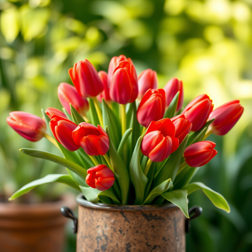 photograph a bouquet of red tulips in a rustic pot with green leaves, soft focus background with natural greenery, DSLR camera, f/2.8 aperture, 1/200 sec shutter speed, ISO 100, natural lighting, macro lens, vibrant colors, warm tones