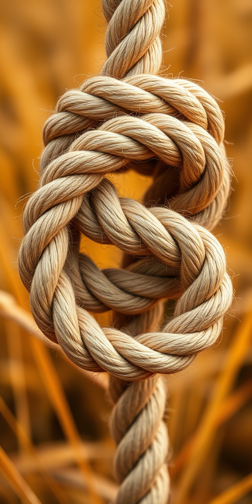 Capture a detailed macro shot of a thick rope knot with a blurred golden grass background, using a DSLR camera, 50mm lens, aperture f/2.8, ISO 100, shutter speed 1/200 sec, with natural lighting for enhanced texture and clarity.