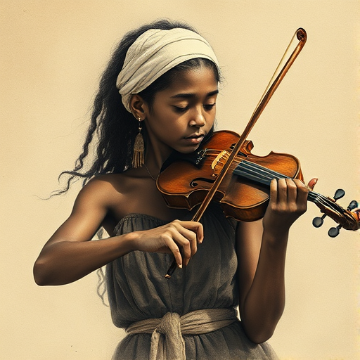 a young Nubian woman with a white headband playing a violin, in the style of a charcoal drawing, sepia grunge background