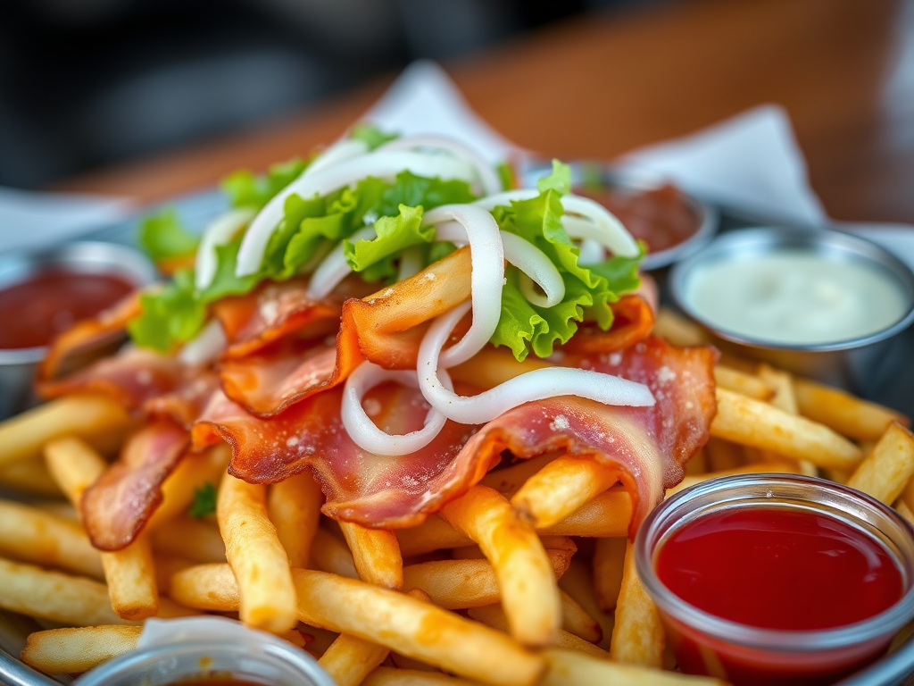 a close-up shot of a platter filled with crispy fries topped with layers of bacon, garnished with fresh lettuce, sliced onions, and dipping sauces, shot with a 50mm lens at f/2.8, ISO 100, natural lighting, standard depth of field, using a DSLR camera