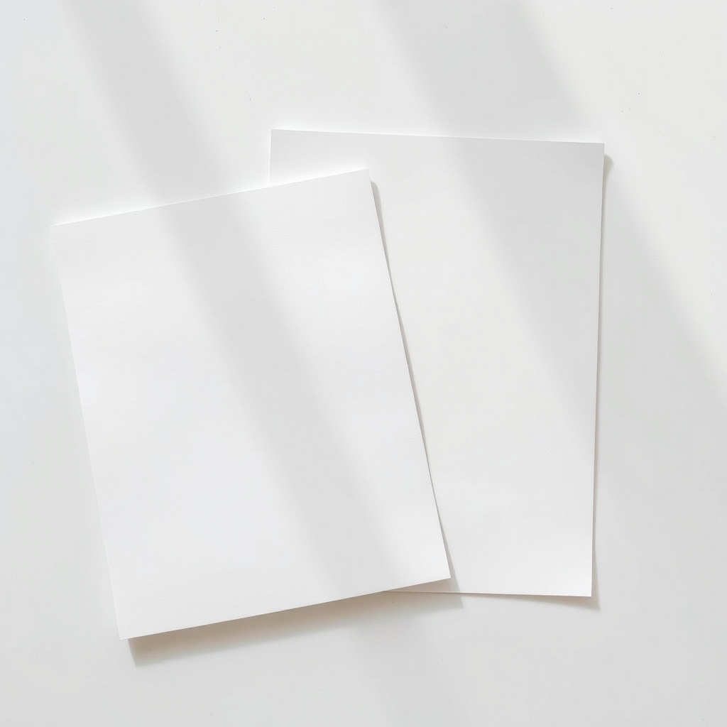 Create a high-resolution image of two overlapping blank documents on a clean surface, captured with a DSLR camera at f/4 aperture, 50mm lens, ISO 100, natural light, top-down view, with a soft focus on the edges to enhance depth.