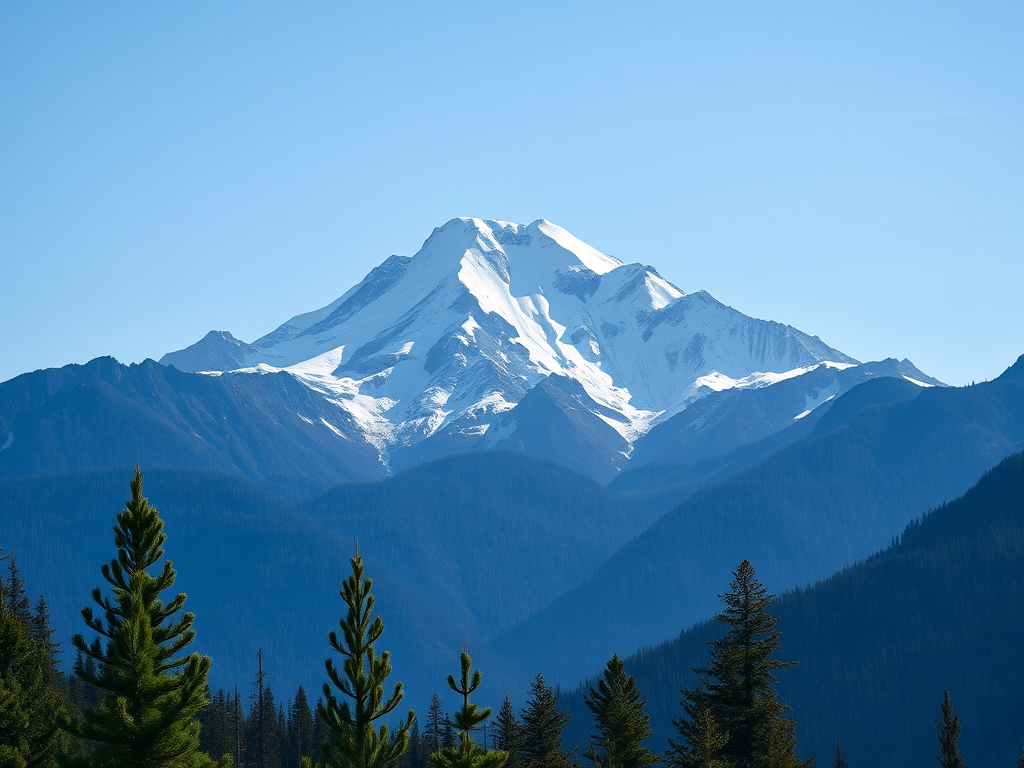 A majestic mountain landscape with a snow-capped peak under a clear blue sky, surrounded by lush green pine trees in the foreground, captured with a Canon EOS R5 using a 24-70mm f/2.8 lens at f/8, ISO 100, shutter speed 1/250s, in a wide-angle view for enhanced depth and clarity.