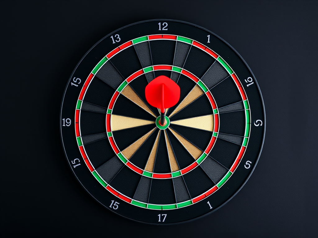 Create a high-resolution image of a standard dartboard with a black background, using a DSLR camera with a 50mm lens, aperture set to f/2.8, ISO 100, and a shutter speed of 1/60 sec, shot from a straight-on view to emphasize the symmetry and detail of the dartboard.