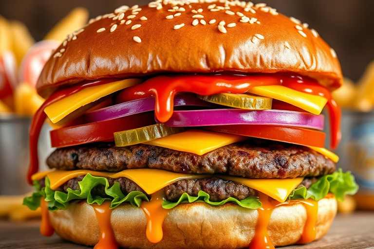 High-resolution, close-up image of a gourmet double cheeseburger. The burger features a glossy, sesame-seed-topped brioche bun. Inside, there are two thick, juicy beef patties, each topped with melted cheddar cheese. The burger is garnished with fresh lettuce, tomato slices, diced onions, and pickles. A generous amount of ketchup and a creamy, orange-colored sauce is dripping down the sides, adding to the mouth-watering appeal. In the background, there are blurred elements including a side of golden French fries and a hint of a beverage, enhancing the overall presentation of a delicious meal.