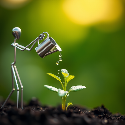 A metal figurine of a person, constructed from thin, silver rods, stands on the left side of the image, facing the viewer. The figurine is holding a small watering can and pouring water onto a young plant, with a few droplets in the air. The plant, with lush green leaves, is situated in the center, growing from dark soil. The background is a soft, out-of-focus blur of green, illuminated by warm, natural light.  The composition creates a sense of depth and intimacy. The image evokes feelings of growth, nurture, and hope.
