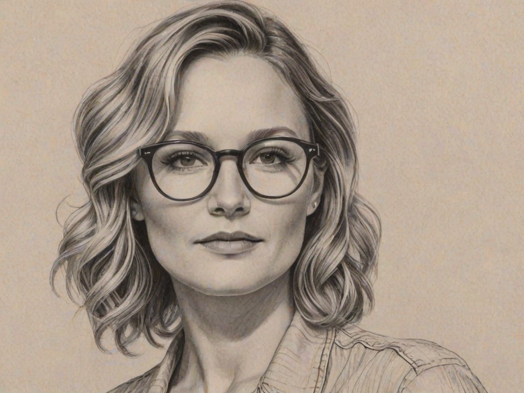 Gorgeous Jennifer Nettles, pencil sketch, portrait of Sublime woman 1943s in glasses, hair style beatnik, outline, clear lines, fine lines, 8k