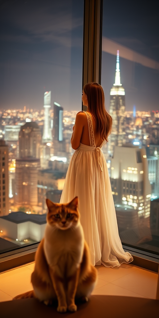 Generate a high-resolution image of a beautiful city skyline at night, featuring a woman in a flowing white dress standing by a large window, with an adorable cat in the foreground, using a DSLR camera with a 50mm lens, aperture f/1.8, ISO 200, and a soft focus effect for a dreamy atmosphere.