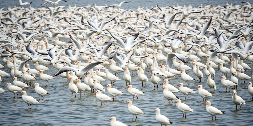 Wide shot of a large flock of white birds on a water body with several birds in flight, captured with a DSLR camera at f/8, ISO 400, shutter speed 1/1000s, using a 200mm lens for depth, with a focus on the texture of the feathers and ripples in the water.