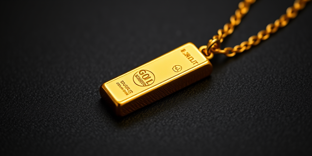 highly detailed shot of a gold bar and necklace on textured black background, aperture f/2.8, shutter speed 1/125s, ISO 100, 50mm lens, shallow depth of field, soft natural lighting, macro photography