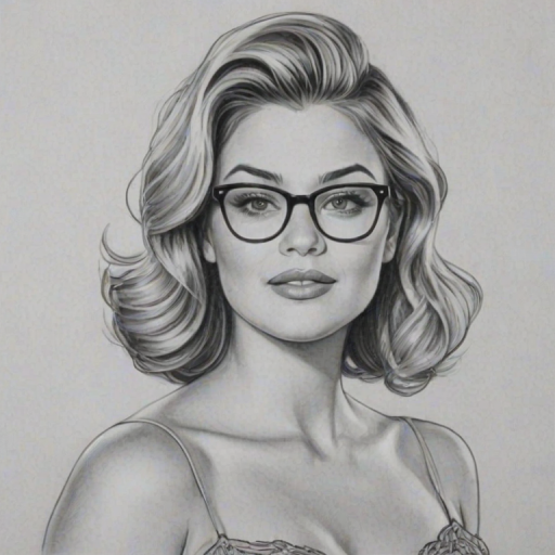 Radiant Lauren Alaina, pencil sketch, portrait of Ravishing woman 1955s in glasses, hair style beatnik, outline, clear lines, fine lines, 8k