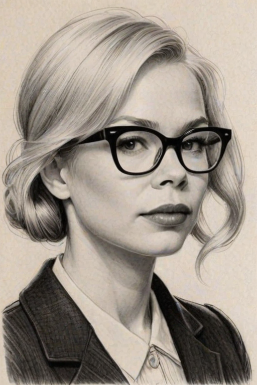 Superb Michelle Williams, pencil sketch, portrait of Fetching woman 1945s in glasses, hair style beatnik, outline, clear lines, fine lines, 8k