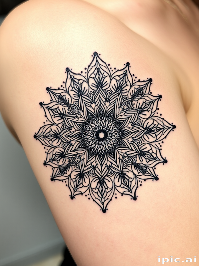 Dotwork mandala tattoo with intricate floral patterns and sacred geometry elements, gradually fading from solid black to delicate stippling for a mesmerizing optical illusion effect