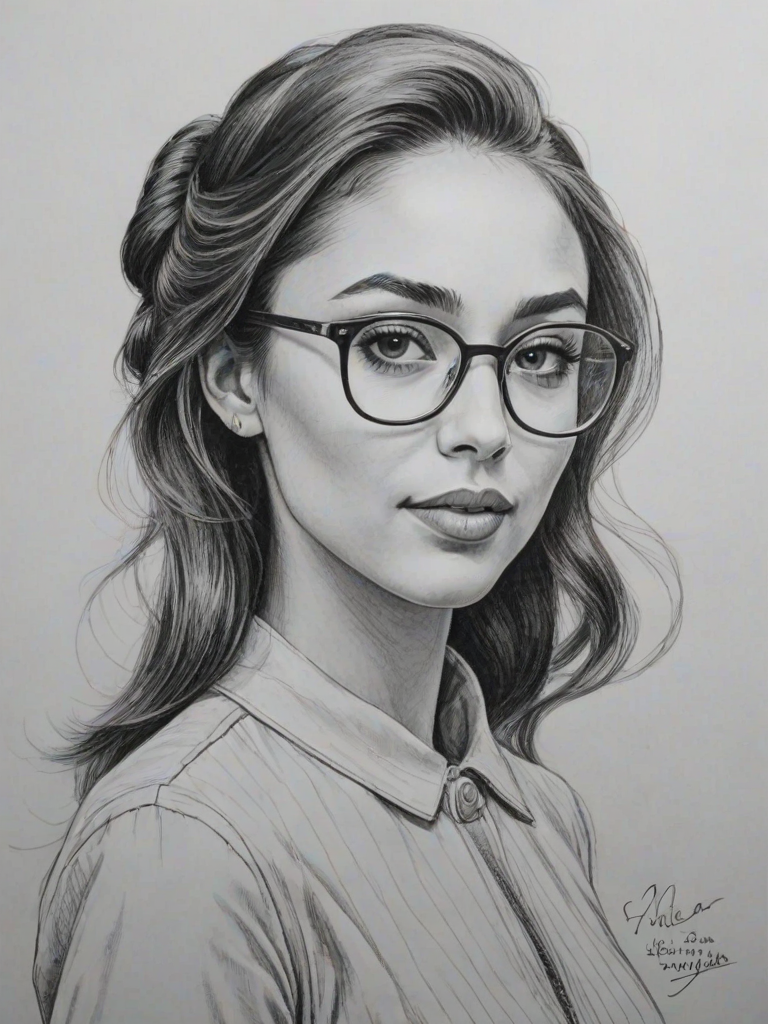 Gorgeous Lindsey Morgan, pencil sketch, portrait of Elegant woman 1960s in glasses, hair style beatnik, outline, clear lines, fine lines, 8k