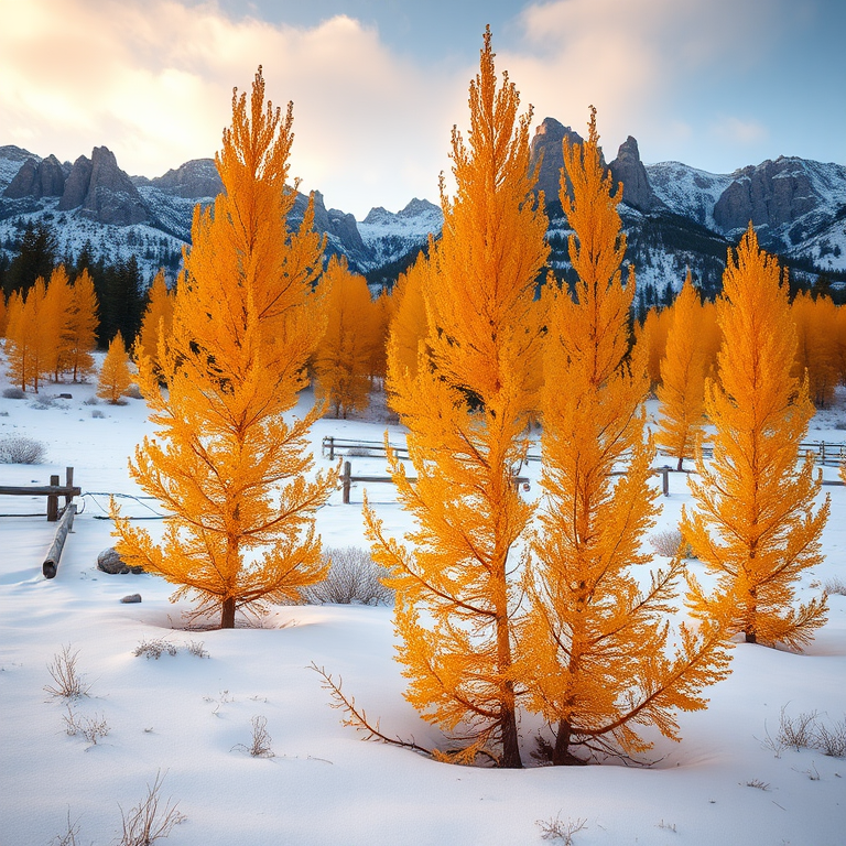 capture a serene winter landscape featuring golden larch trees against a snow-covered ground and rocky mountains in the background, use a Canon EOS 5D Mark IV, aperture f/8, shutter speed 1/250s, ISO 100, shoot from a low angle to emphasize the foreground trees and create a warm, inviting atmosphere.