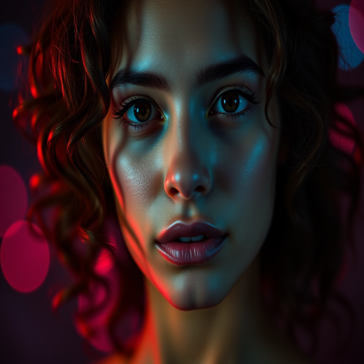 high-resolution portrait of a woman with curly hair, dramatic lighting emphasizing her features, blue and red background bokeh, shot with a Canon EOS R5, 50mm lens at f/1.8, ISO 100, 1/200s shutter speed, cinematic style with a shallow depth of field