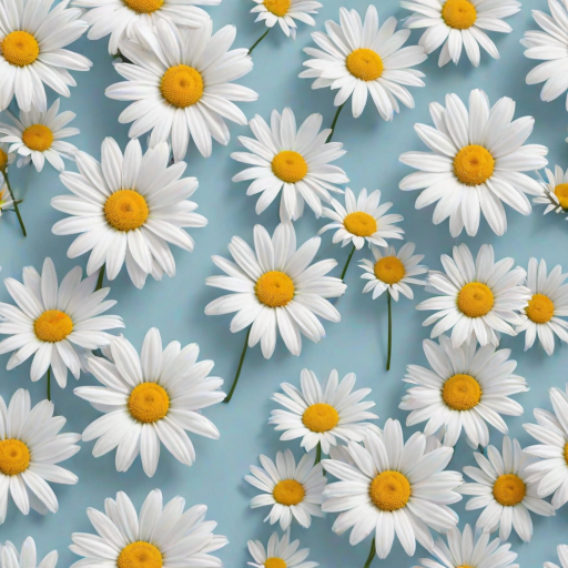 Create a seamless pattern featuring a light blue background filled with white daisies. Each daisy should have a bright yellow center and a simple, clean design. The flowers should be evenly spaced, creating a harmonious and cheerful floral pattern.