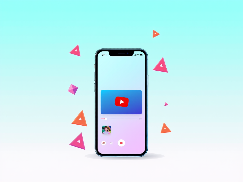 Create a vibrant digital illustration of a smartphone displaying a YouTube video, with a smooth gradient background transitioning from teal to white, incorporating playful geometric shapes around the phone, using a high-resolution digital art style, simulated camera settings of f/2.8 aperture, 24mm focal length, and soft lighting to enhance depth and detail.