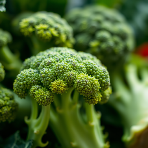 high-resolution close-up of fresh broccoli with a shallow depth of field, taken with a DSLR camera at f/2.8, ISO 100, 50mm lens, natural light, vibrant colors.