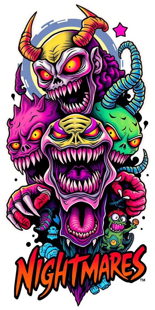New school tattoo design titled "Neon Nightmares" depicting exaggerated cartoon-style monsters and creatures in vivid, eye-catching colors with bold outlines