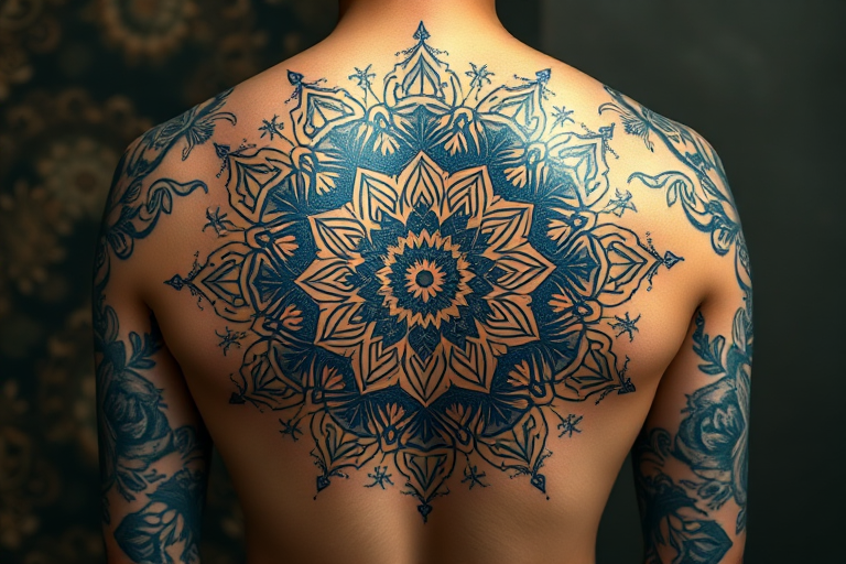 Ornate mandala tattoo covering the upper back and shoulders, incorporating intricate floral patterns and sacred geometry in deep blue and gold ink