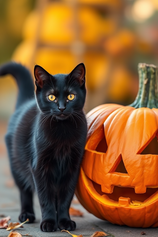 Create a high-resolution image of a black cat standing next to a carved pumpkin with a spooky face, shot with a DSLR camera at f/2.8 aperture, ISO 100, 50mm lens, using soft natural lighting and a shallow depth of field to emphasize the subjects.