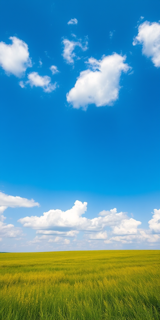 Create a vibrant landscape image depicting a clear blue sky with fluffy white clouds over a lush green field, shot with a Canon EOS 5D Mark IV, aperture f/8, ISO 100, 24mm lens, in landscape orientation with high dynamic range and vivid colors.