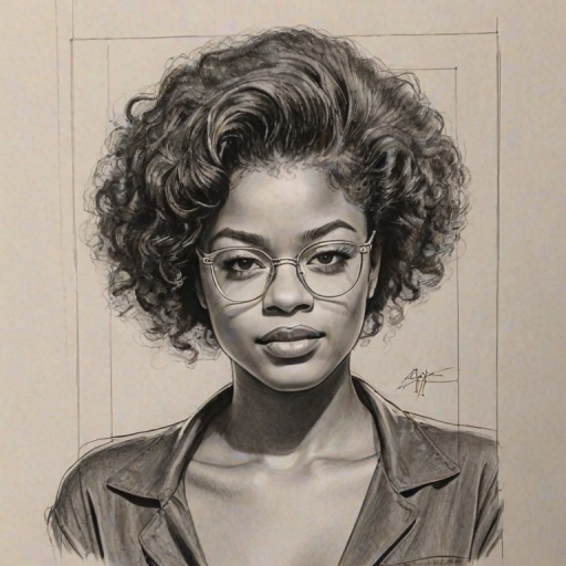 Gorgeous Ari Lennox, pencil sketch, portrait of Comely woman 1946s in glasses, hair style beatnik, outline, clear lines, fine lines, 8k