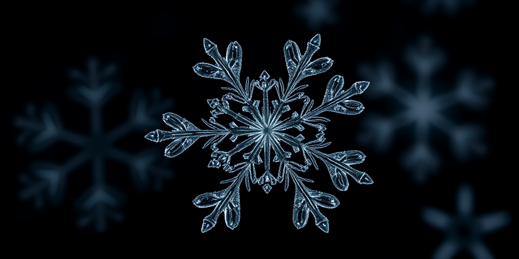 create a high-resolution image of a crystal snowflake on a black background, shot with a macro lens at f/2.8, ISO 100, 1/200s shutter speed, top-down view, using a DSLR camera for enhanced detail and clarity