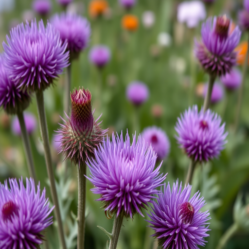 Close-up shot of purple globe thistles in a garden, aperture f/2.8, shutter speed 1/500s, ISO 200, 50mm lens, natural light, shallow depth of field, DSLR camera.