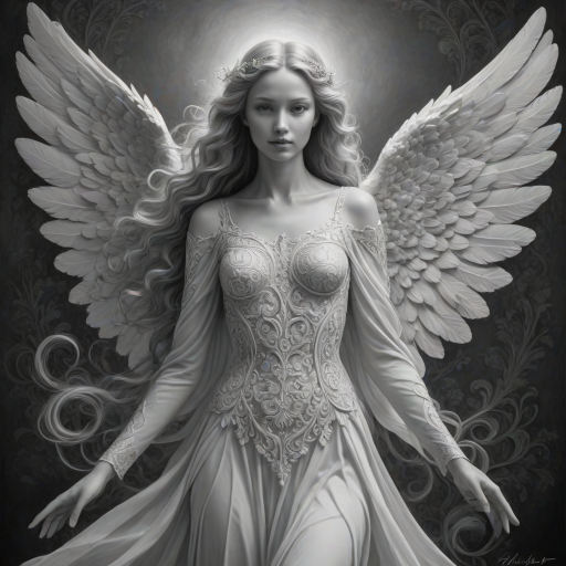 An angel, crafted in the unique style of Folk Art, as she unfolds herself against an ethereal backdrop, her wings softly billowing, face radiating a heavenly glow, every curl in her strikingly serene countenance finely brushed, monochrome, detailed techniques, ultra fine, breathtaking surreal masterpiece