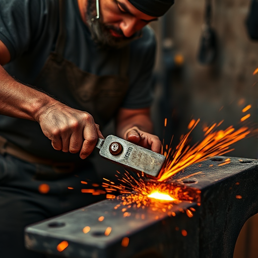Create a high-resolution image of a blacksmith forging metal at an anvil, capturing the dynamic movement with a close-up camera view, using a DSLR camera with an aperture of f/2.8, shutter speed of 1/250s, and ISO 100 for optimal clarity and color depth.