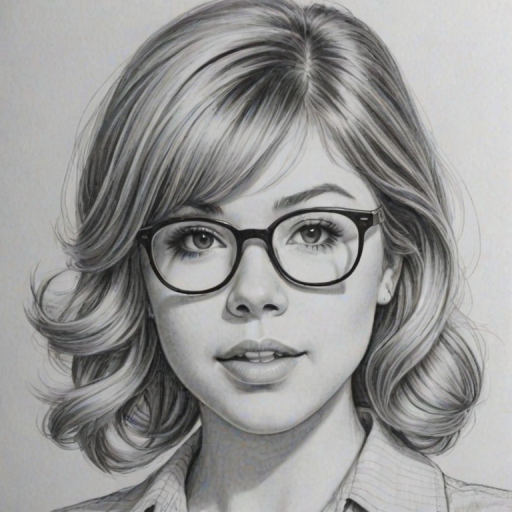 Fascinating Jennette McCurdy, pencil sketch, portrait of Alluring woman 1955s in glasses, hair style beatnik, outline, clear lines, fine lines, 8k