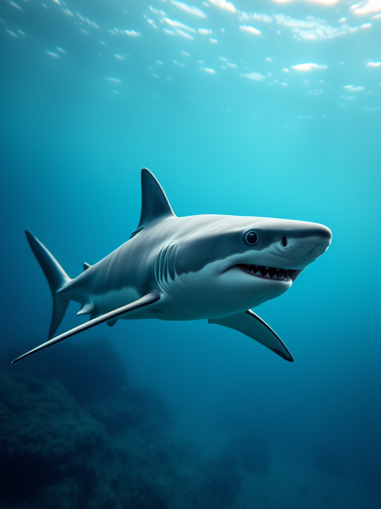 create a high-resolution image of a shark swimming gracefully in an ocean setting, camera settings: ISO 100, aperture f/8, shutter speed 1/250s, camera view: side profile, camera style: realistic, camera type: DSLR