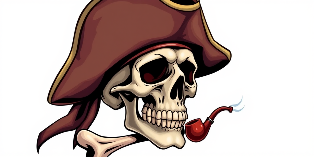 Create an illustration of a pirate skull wearing a brown tricorn hat with crossed bones beneath, holding a smoking pipe, in high resolution, DSLR camera settings, 50mm lens, f/2.8 aperture, natural light, vibrant colors, clean background.