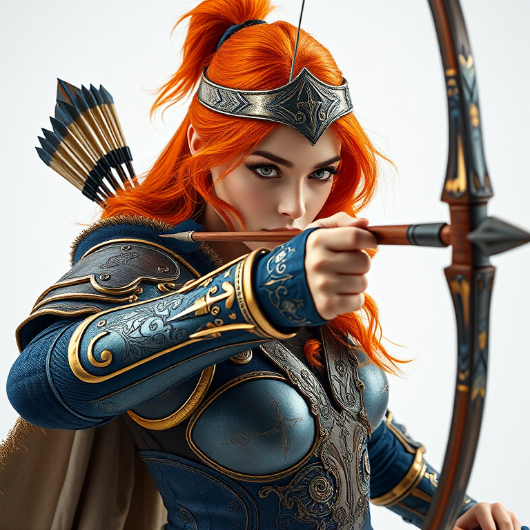 fantasy warrior woman with orange hair in ornate blue and gold armor shooting an arrow from a bow, high resolution, 50mm lens, f/1.8 aperture, ISO 100, natural light, studio setting