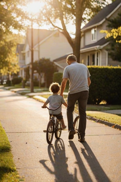 Blurry candid shot of a father teaching his child to ride a bicycle on a quiet suburban street at sunset, soft golden light casting long shadows on the pavement and a peaceful neighborhood atmosphere.