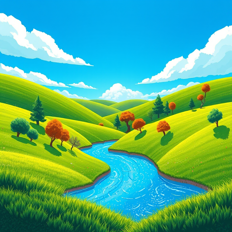 create a vibrant landscape illustration with lush green hills, a bright blue sky, stylized trees in varying shapes, and a sparkling water surface, using a Canon EOS 5D Mark IV with a 50mm lens at f/8, ISO 100, and a high dynamic range style for enhanced colors and details.