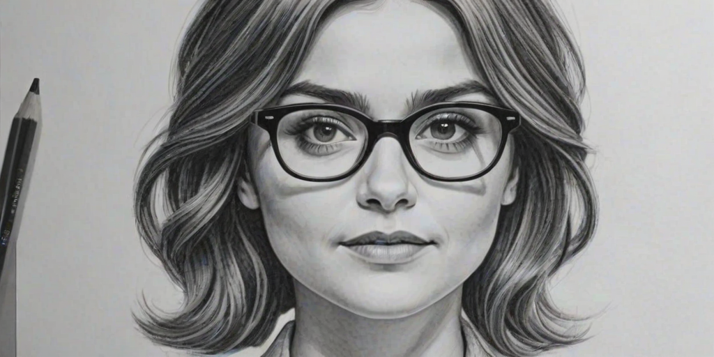 Radiant Jenna Coleman, pencil sketch, portrait of Bewitching woman 1949s in glasses, hair style beatnik, outline, clear lines, fine lines, 8k