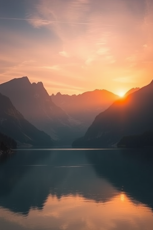 Create a vivid landscape of a serene lake surrounded by mountains during sunrise, with soft reflections on the water's surface, shot with a DSLR camera at ISO 100, f/11, 1/60s, using a wide-angle lens and a tripod for stability.