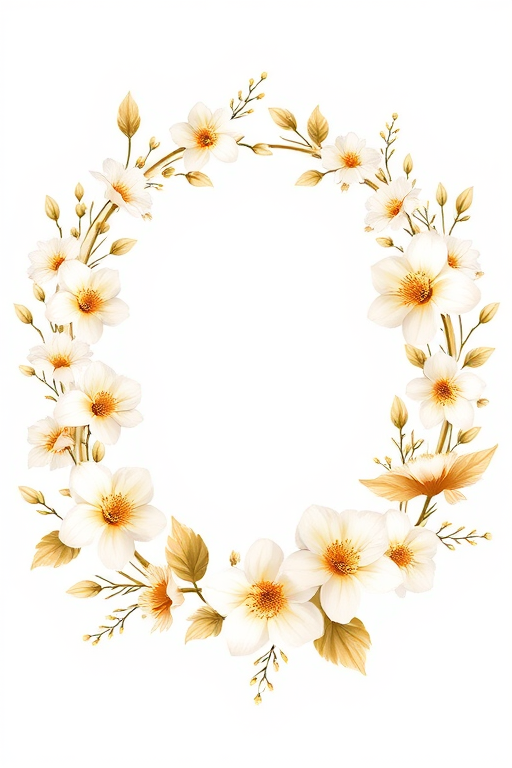 Create a detailed floral wreath design featuring white and gold flowers on a transparent background, using a high-resolution digital illustration style, captured with a DSLR camera at f/1.8 aperture, ISO 100, and a 50mm lens, with a soft natural light setup.