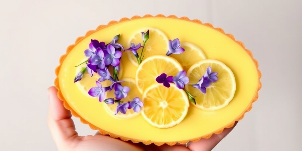 A beautifully arranged oval dessert with a smooth yellow surface topped with fresh lemon slices and delicate purple flowers, held by a hand against a neutral background.