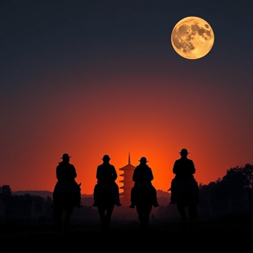 Create a dramatic scene of three silhouettes on horseback riding towards a distant pagoda at sunset, with a large glowing moon in the sky, using a DSLR camera with a 50mm lens, aperture f/1.8, ISO 100, and a low-angle shot to capture the atmosphere of dusk.