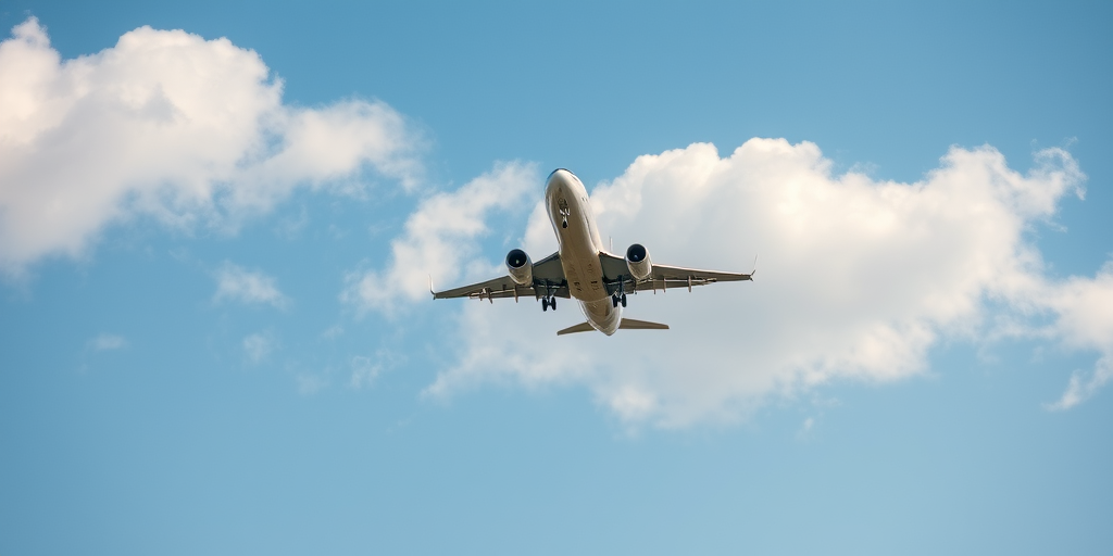 airplane taking off in a clear sky with fluffy clouds in the background, captured with a Canon EOS R5 at ISO 100, f/8, 1/1000 sec, using a wide-angle lens, from a low angle perspective to emphasize upward motion and detail in the aircraft