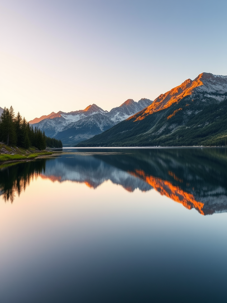 Generate a high-resolution image of a serene landscape with a calm lake reflecting the mountains, shot with a Canon EOS 5D Mark IV, 50mm lens, aperture f/8, ISO 100, at golden hour with soft natural lighting for enhanced detail and depth.