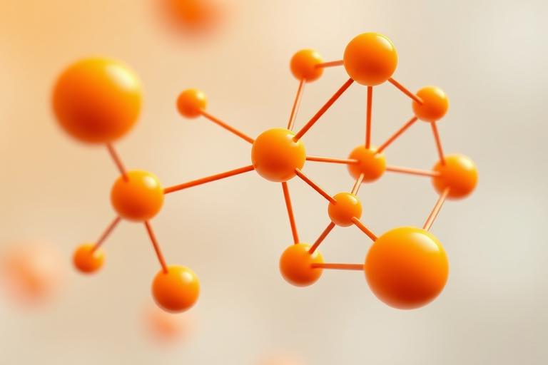 Create an illustration of abstract molecular structures featuring various sizes of orange spheres connected by lines on a transparent background, shot with a Canon EOS R5, 50mm lens, f/1.8 aperture, ISO 100, and a soft focus style to enhance the vibrancy of colors.