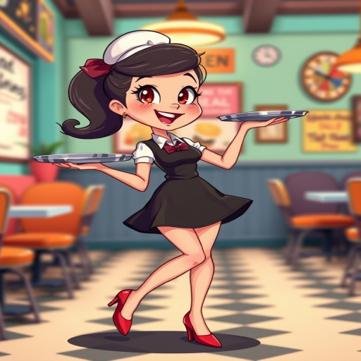Create an illustration of a cartoon character inspired by vintage styles, featuring a playful waitress in a short black dress with red heels, holding a serving tray, colorful background, vibrant colors, shot in high resolution with a Canon EOS R5, f/1.8 aperture, 35mm lens, using a shallow depth of field.