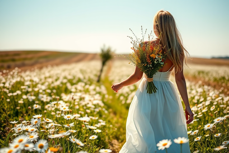 A serene scene of a woman in a flowing white dress with a bouquet of wildflowers in her arms walking hand-in-hand with a young boy holding a small flower, set in a vibrant field of daisies under a bright blue sky, shot with a Canon EOS R5 at f/2.8, 50mm lens, with soft focus and golden hour lighting for enhanced warmth.