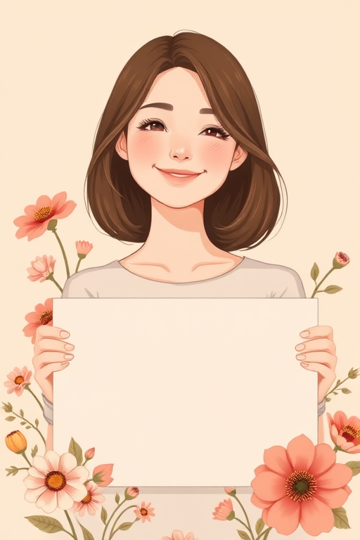 Generate an illustration of a smiling person with shoulder-length brown hair holding a blank sign surrounded by decorative flowers in a light beige background, using a Canon EOS R with a 50mm f/1.8 lens, aperture set to f/2.8, 1/100 sec shutter speed, and ISO 200 to enhance image quality.